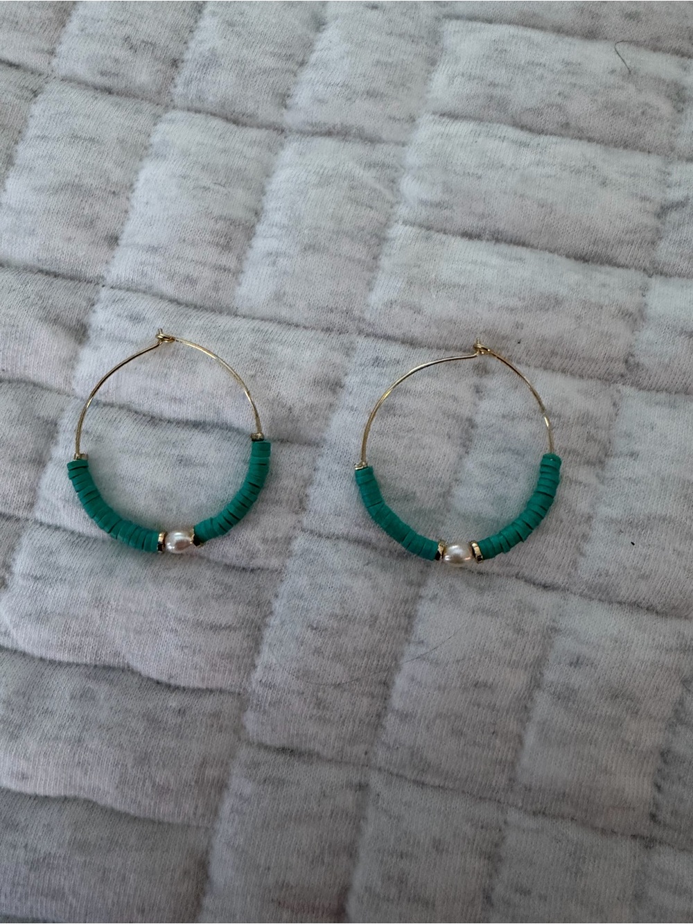 Gold Hoop Earrings with Teal Beads and Pearl Accent